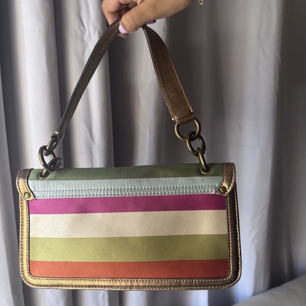 Vtg Coach Multicolor Stripped Satin Bronze Limited Edition Turnlock Handbag - Picture 2 of 9